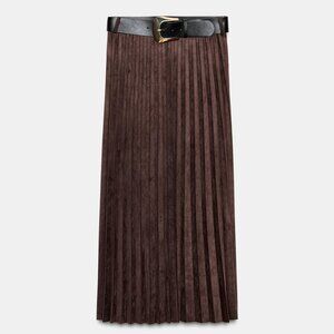 SUEDE EFFECT PLEATED MIDI SKIRT WITH BELT DARK CHOCOLATE BROWN 9596/974/730 ZARA